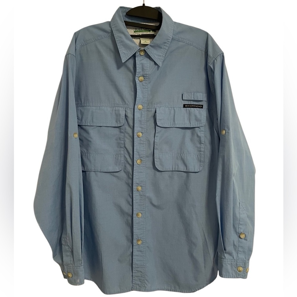 ExOfficio Buzz Off Blue Button-Up Adjustable Shirt w/ Velcro Pockets